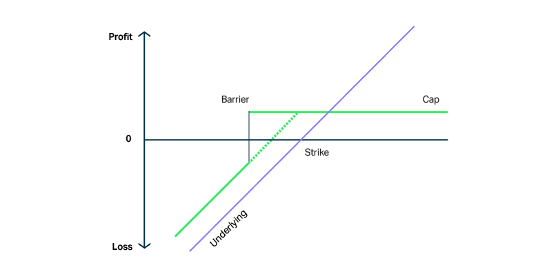 A performance chart of a barrier reverse convertible payoff